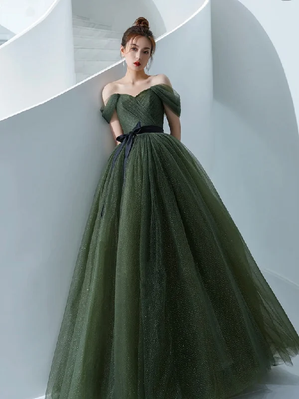 Off-White Gown A-Line Off Shoulder Tulle Green Long Prom Dress, Green Long Formal Dress Off-White Gown A-Line Off Shoulder Tulle Green Long Prom Dress, Green Long Formal Dress