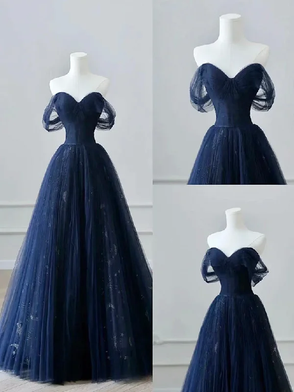 Showstopper Dress A-Line Off Shoulder Tulle Lace Dark Blue Long Prom Dress, Dark Blue Long Evening Dress Showstopper Dress A-Line Off Shoulder Tulle Lace Dark Blue Long Prom Dress, Dark Blue Long Evening Dress