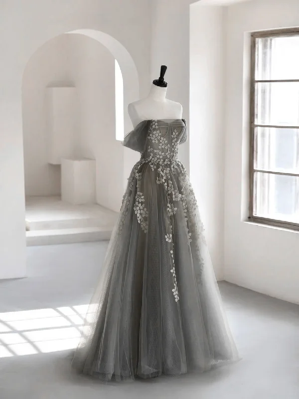 Crystal Beaded Dress A-Line Off Shoulder Tulle Lace Gray Long Prom Dress, Gray Tulle Lace Formal Dress Crystal Beaded Dress A-Line Off Shoulder Tulle Lace Gray Long Prom Dress, Gray Tulle Lace Formal Dress