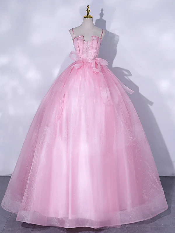 Off-White Gown A-Line Pink Tulle Lace Long Prom Dress, Pink Formal Dresses