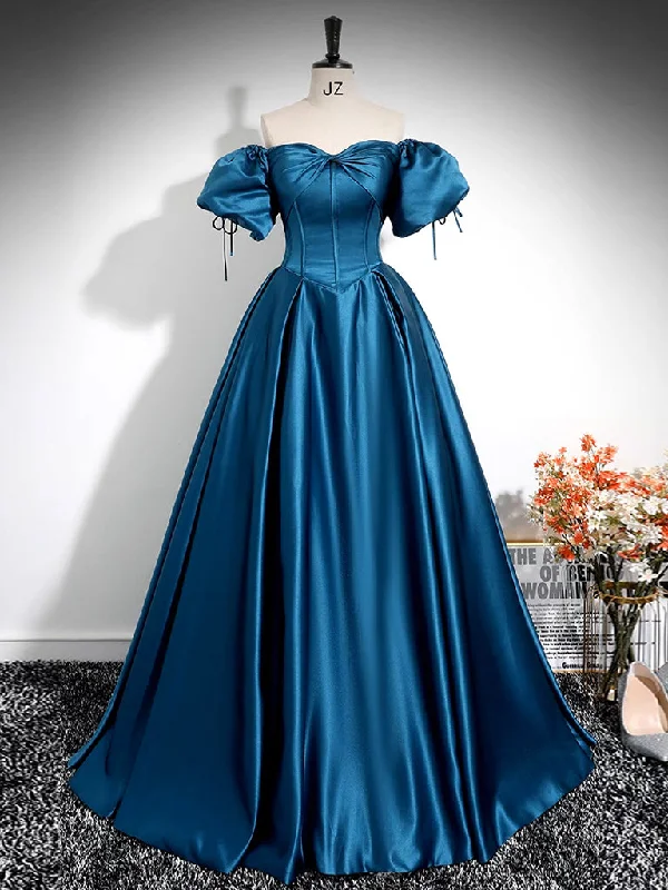 Fancy Beaded Gown A-Line Puff Sleeves Satin Peacock Blue Long Prom Dress, Blue Long Formal Dress