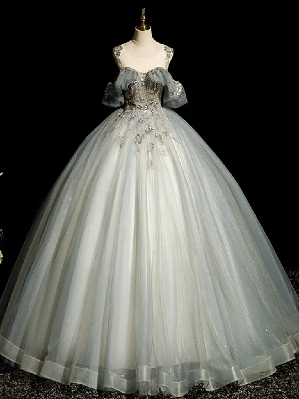 Crystal Beaded Dress A-Line Round Neck Tulle Gray Blue Long Prom Dress, Tulle Sequin Lace Long Evening Dress Crystal Beaded Dress A-Line Round Neck Tulle Gray Blue Long Prom Dress, Tulle Sequin Lace Long Evening Dress