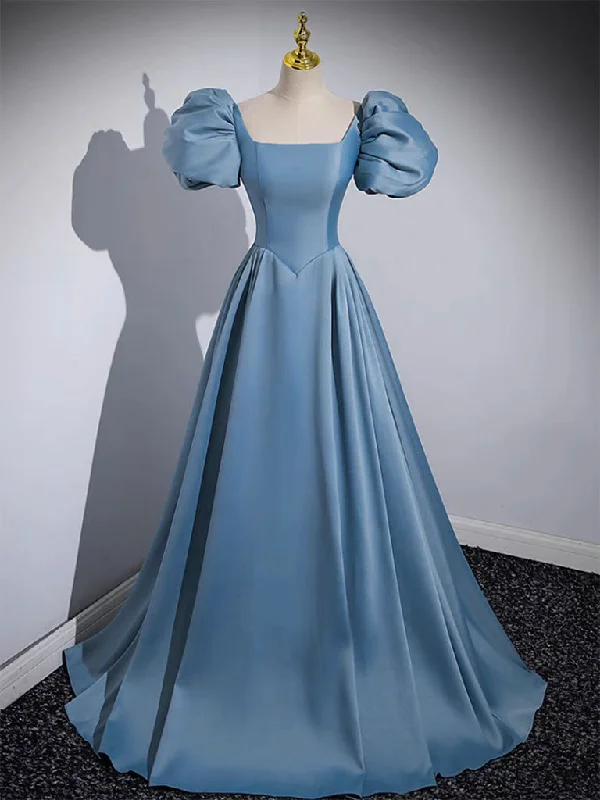 Delicate Lace Dress A-Line Satin Blue Long Prom Dress, Blue Long Formal Dress