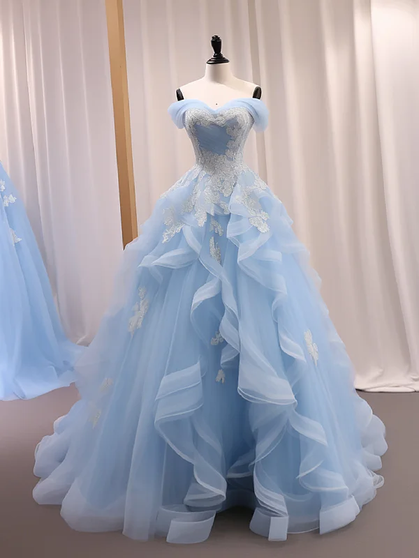 Eye-Catching Satin Gown A-Line Sweetheart Neck Off Shoulder Tulle Lace Blue Long Prom Dress, Blue Sweet 16 Dress Eye-Catching Satin Gown A-Line Sweetheart Neck Off Shoulder Tulle Lace Blue Long Prom Dress, Blue Sweet 16 Dress