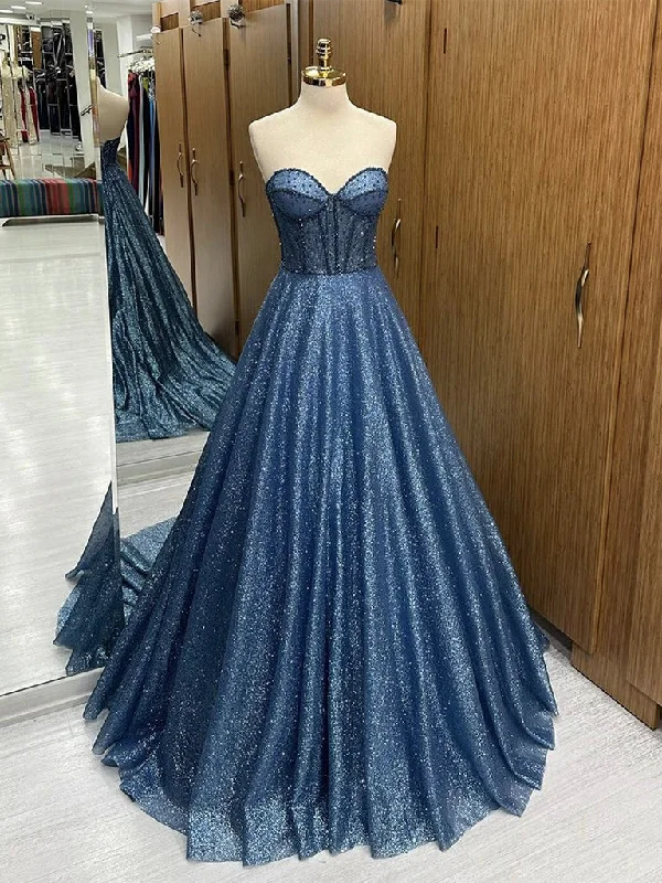 Whimsical Evening Gown A-Line Sweetheart Neck Tulle Beads Blue Long Prom Dress, Blue Long Formal Dress Whimsical Evening Gown A-Line Sweetheart Neck Tulle Beads Blue Long Prom Dress, Blue Long Formal Dress