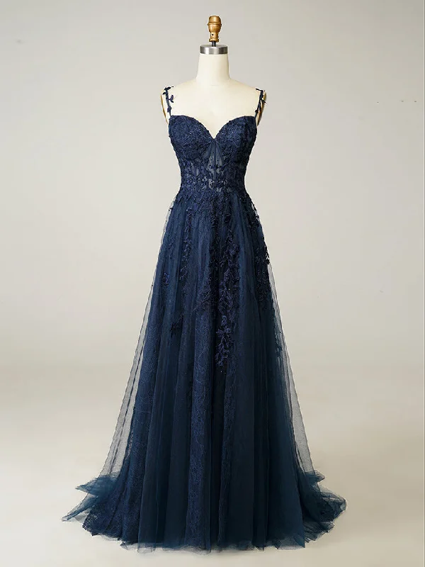Party Ready Dress A-Line Sweetheart Neck Tulle Lace Dark Blue Long Prom Dress, Dark Blue Long Evening Dress Party Ready Dress A-Line Sweetheart Neck Tulle Lace Dark Blue Long Prom Dress, Dark Blue Long Evening Dress