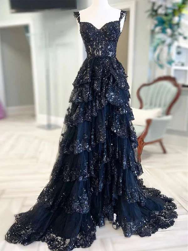 Trendy Party Dress A-Line Sweetheart Neck Tulle Sequin Black Long Prom Dress, Black Formal Dress Trendy Party Dress A-Line Sweetheart Neck Tulle Sequin Black Long Prom Dress, Black Formal Dress