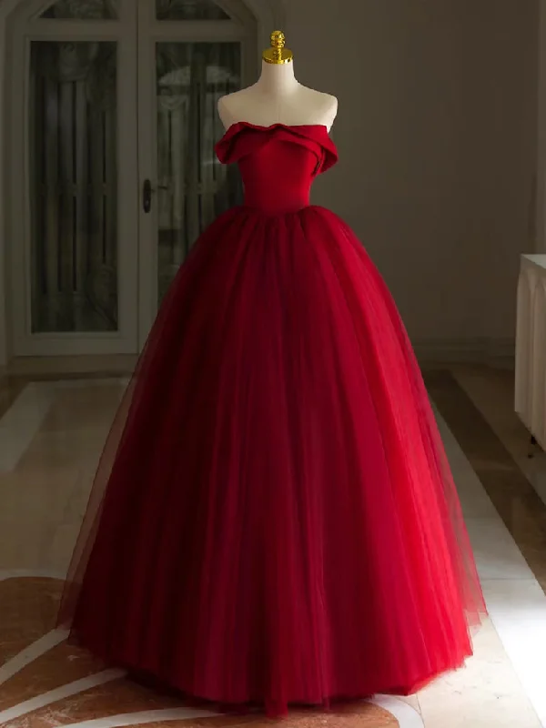 Halter Gown A-Line Tulle Burgundy Long Prom Dress, Burgundy Long Formal Dress