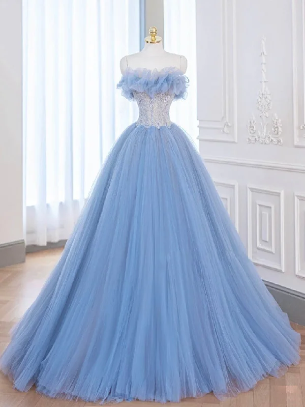 Lace Sleeves Dress A-Line Tulle Lace Blue Long Prom Dress, Blue Lace Long Formal Dress Lace Sleeves Dress A-Line Tulle Lace Blue Long Prom Dress, Blue Lace Long Formal Dress
