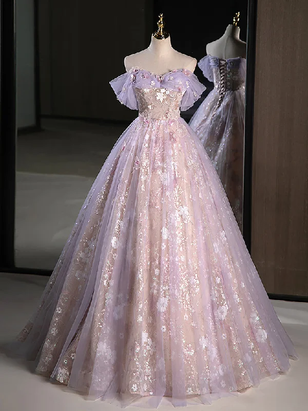 Side Slit Gown A-Line Tulle Purple Lace Long Prom Dress, Purple Long Sweet 16 Dress Side Slit Gown A-Line Tulle Purple Lace Long Prom Dress, Purple Long Sweet 16 Dress