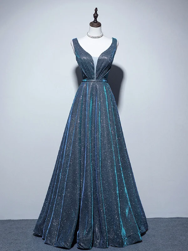 Ruched Satin Dress A-line V Neck Blue Long Prom Dress, Blue Formal Dresses