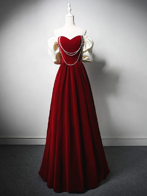 Timeless Gown A-Line Velvet Burgundy Long Prom Dress, Burgundy Long Formal Dress