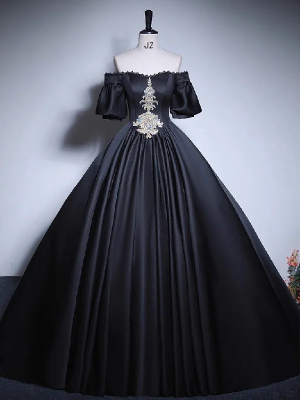 Garden Party Gown Black A-Line Satin Long Prom Dress, Black Satin Long Formal Dress Garden Party Gown Black A-Line Satin Long Prom Dress, Black Satin Long Formal Dress