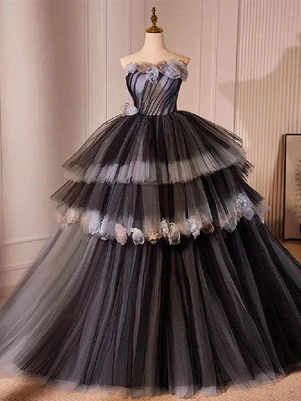 Trendy Evening Gown Black Tulle Flower Long Prom Gown, Black Sweet 16 Dress
