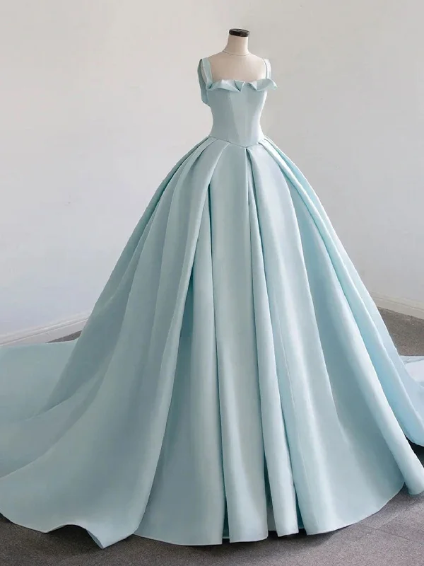 Tulle Skirt Dress Blue Satin Long Prom Dress, Blue Satin Formal Dresses
