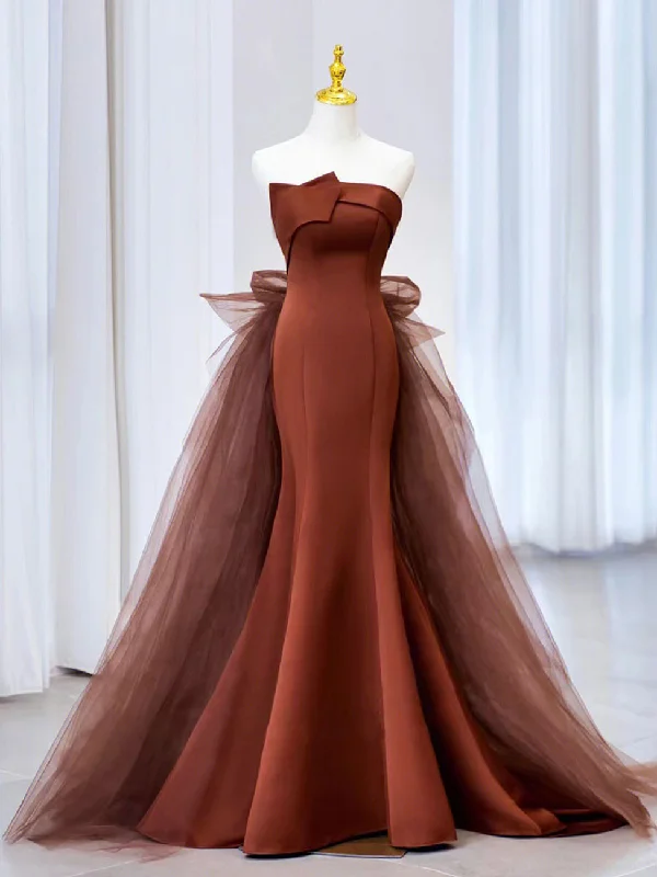Modern Ball Gown Brown Mermaid Satin Tulle Long Prom Dress, Brown Long Evening Dress Modern Ball Gown Brown Mermaid Satin Tulle Long Prom Dress, Brown Long Evening Dress