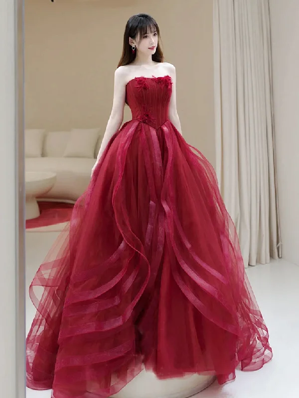 Regal Ball Gown Burgundy A-Line Tulle Long Prom Dress, Burgundy Formal Evening Dress Regal Ball Gown Burgundy A-Line Tulle Long Prom Dress, Burgundy Formal Evening Dress