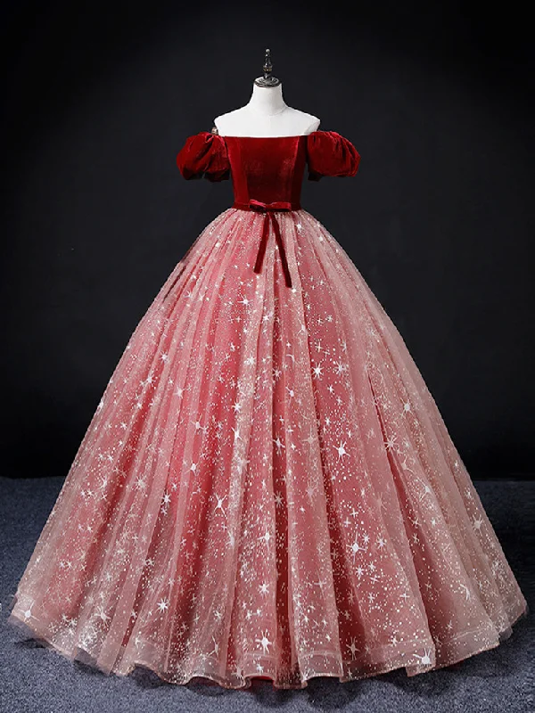 Mermaid Cut Dress Burgundy/Pink Tulle Velvet Long Prom Dress, Burgundy Formal Dress