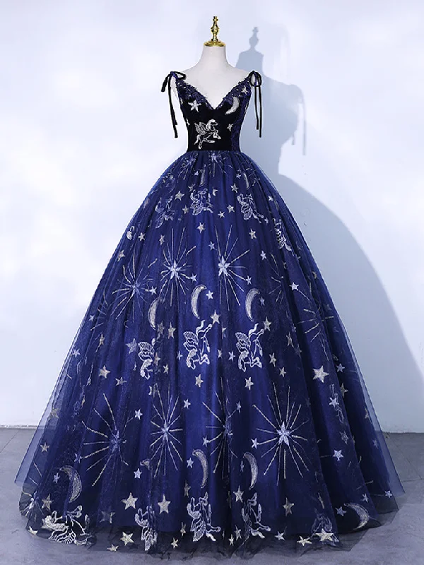Full Skirt Dress Dark Blue V Neck Tulle Long Prom Dress, Dark Blue Formal Evening Dress
