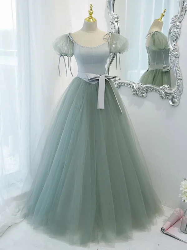 Timeless Satin Dress Gray Green A-Line Tulle Long Prom Dress, Gray Green Formal Dress Timeless Satin Dress Gray Green A-Line Tulle Long Prom Dress, Gray Green Formal Dress