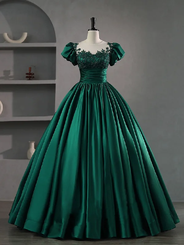 Gold Embellished Gown Green Round Neck Satin Lace Long Prom Dress, Green Lace Formal Dress Gold Embellished Gown Green Round Neck Satin Lace Long Prom Dress, Green Lace Formal Dress