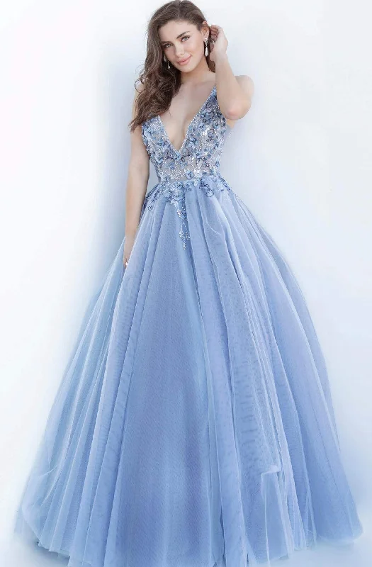 Vivid Color Gown Jovani - 3110 Floral Applique Deep V-neck Tulle Ballgown