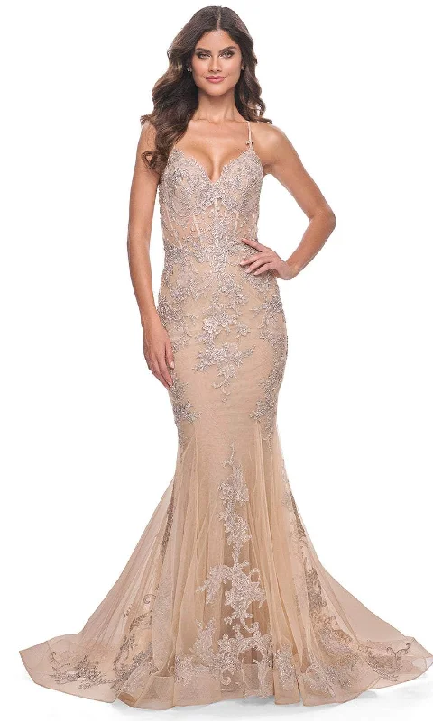 Embellished Maxi Dress La Femme 30716 - Adjustable Strap Appliqued Prom Gown