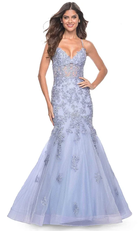 Majestic Ball Gown La Femme 32004 - Deep V-Neck Embroidered Prom Gown