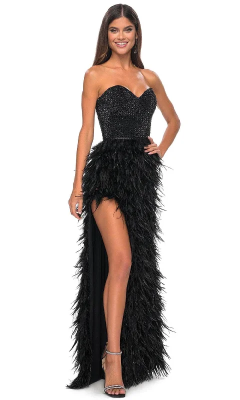 Navy Blue Gown La Femme 32165 - Sweetheart Feather Skirt Prom Gown