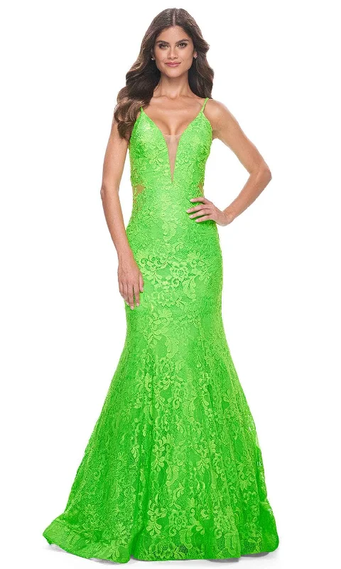 Party Ready Dress La Femme 32314 - Plunging Neckline Floral Lace Prom Gown