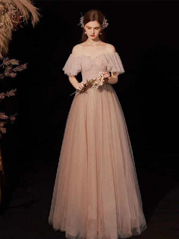 Royal Blue Dress Pink Tulle A-Line Long Prom Dress, Pink Long Formal Dress