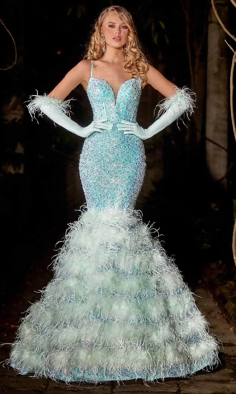 Figure-Flattering Gown Portia and Scarlett PS24037 - Feathered Trumpet Prom Dress