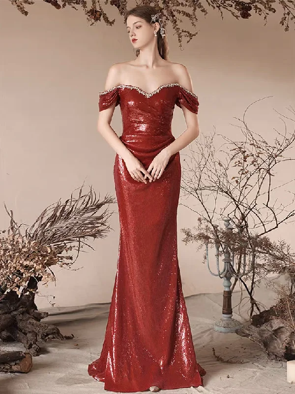 Floral Beaded Gown Simple Off Shoulder Sequin Mermaid Burgundy Long Prom Dress, Sequin Long Evening Dress Floral Beaded Gown Simple Off Shoulder Sequin Mermaid Burgundy Long Prom Dress, Sequin Long Evening Dress