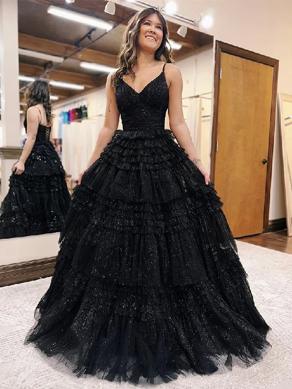 Wedding Reception Gown Unique V Neck Tulle Sequin Black Long Prom Dress, Tulle Long Evening Dress Wedding Reception Gown Unique V Neck Tulle Sequin Black Long Prom Dress, Tulle Long Evening Dress