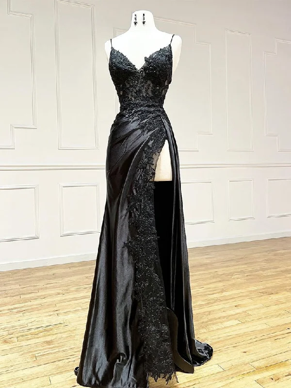 Dainty Chiffon Dress V Neck Satin Lace Mermaid Black Long Prom Dress, Black Lace Evening Dress Dainty Chiffon Dress V Neck Satin Lace Mermaid Black Long Prom Dress, Black Lace Evening Dress
