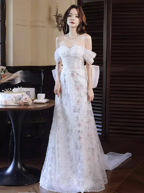 Eye-Catching Satin Gown White A-Line Off Shoulder Tulle Long Prom Dress, White Formal Dress Eye-Catching Satin Gown White A-Line Off Shoulder Tulle Long Prom Dress, White Formal Dress
