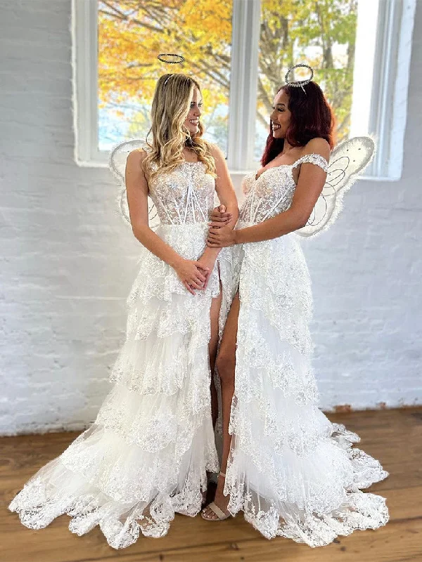 Charcoal Gray Gown White A-Line Tulle Lace Long Prom Dress, White Long Evening Dress Charcoal Gray Gown White A-Line Tulle Lace Long Prom Dress, White Long Evening Dress