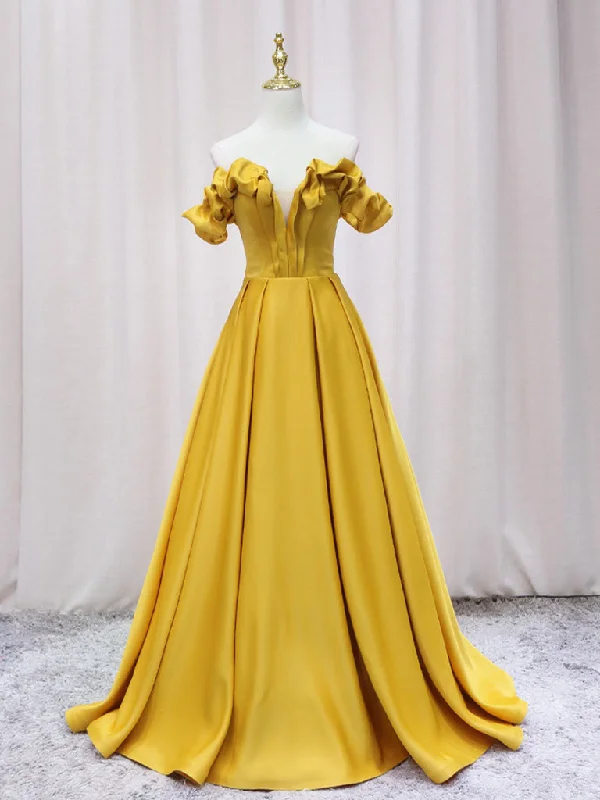 Polka Dot Gown Yellow A-line Satin Long Prom Dress, Yellow Formal Dress