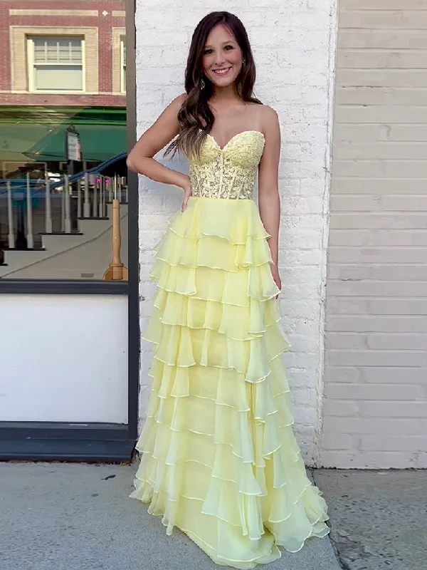 Unique Cocktail Dress Yellow Sweetheart Neck Chiffon Lace Long Prom Dress, Yellow Formal Dress Unique Cocktail Dress Yellow Sweetheart Neck Chiffon Lace Long Prom Dress, Yellow Formal Dress
